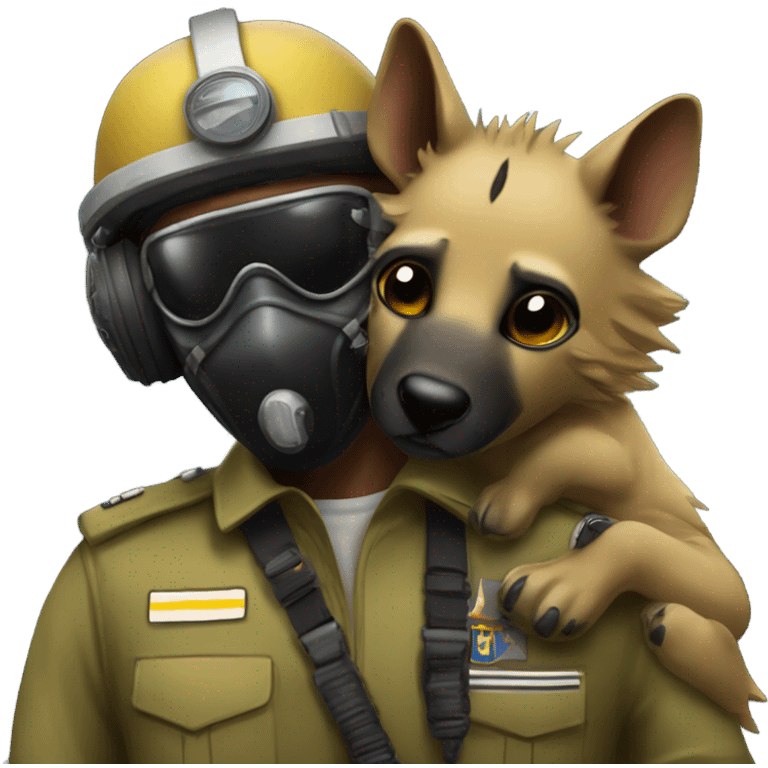 Yellow army Pilot with black mask googles, and then a big hyena kissing him emoji