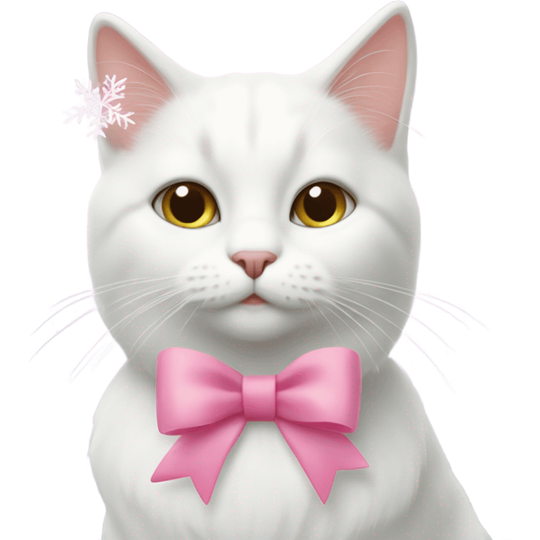 White cat with a pink bow in its hair and snowflakes in the background  emoji