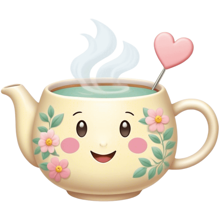 Cute Kawaii Tea Cup, steaming with warmth, a charming smiling face, soft pastel tones, delicate floral patterns, a tiny heart-shaped tea bag tag, cozy and inviting! emoji