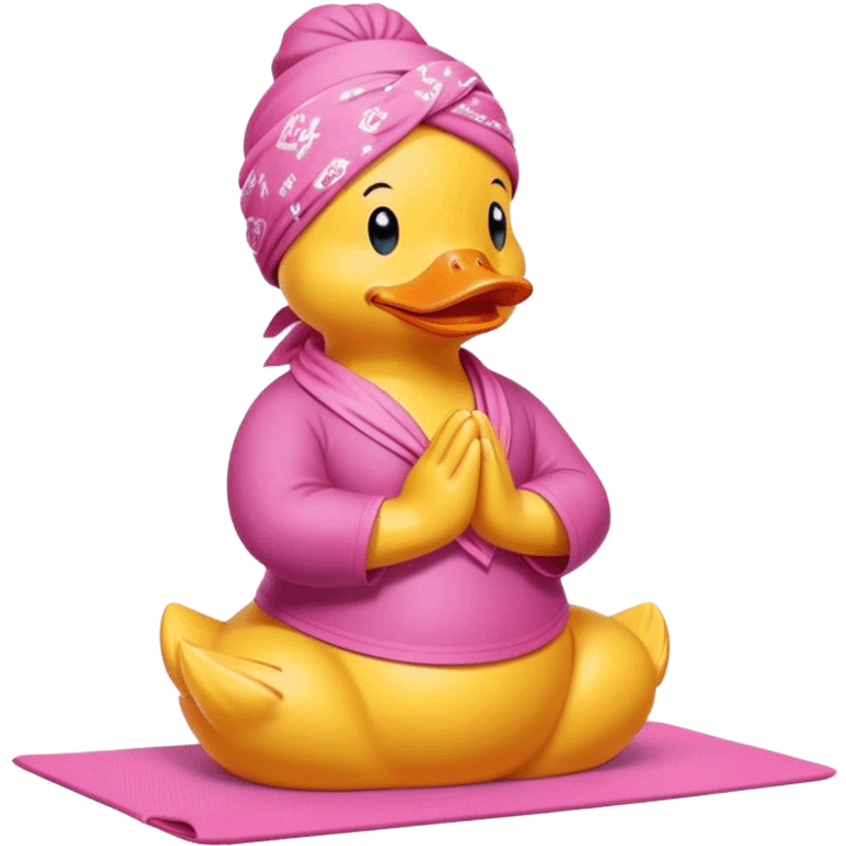 side view of yellow rubber duck with a pink bandana doing yoga while praying emoji