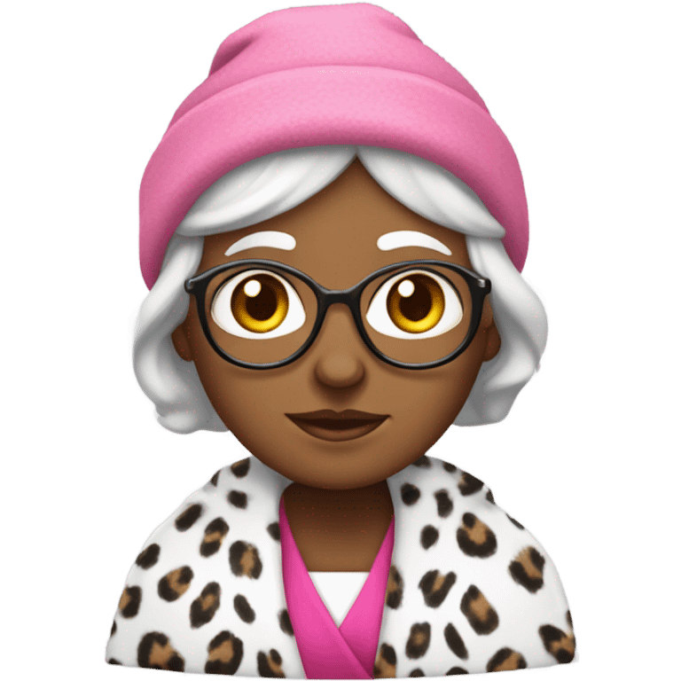 White skinned Grandma with beanie with a robe on with pink cheetah print  emoji