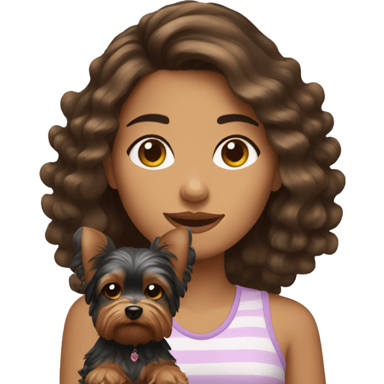 brunette girl with wavy hair with her yorkie emoji