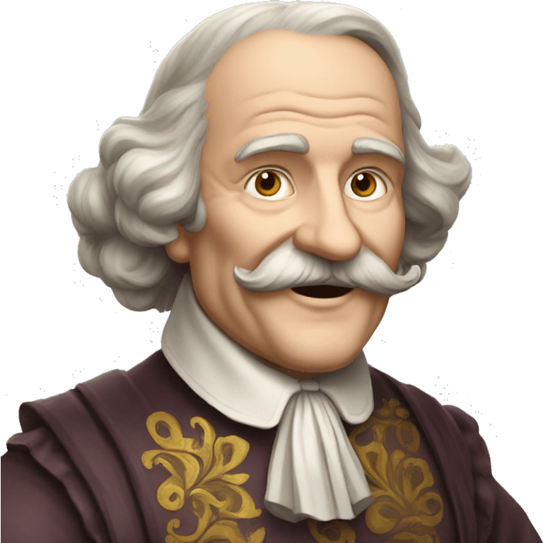 Short pudgy old man over enthusiastic happy excited face bald forehead long wavy gray and brown brunette long wavy hair moustache Shakespearean dress vintage clothes hamlet emoji