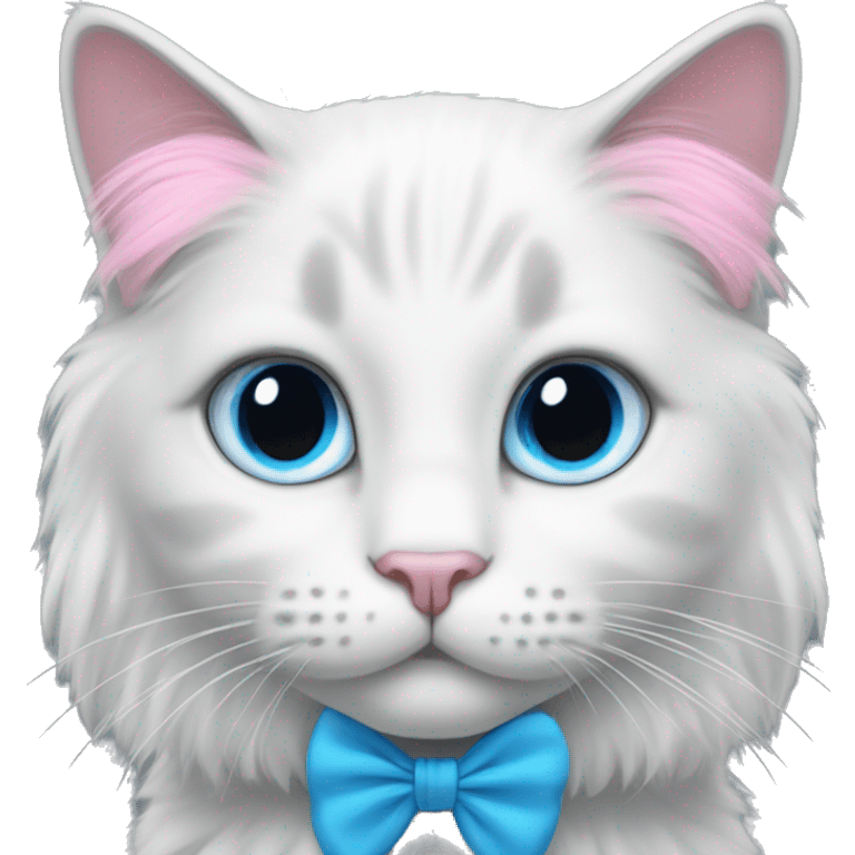 White and grey cat with long hair and blue eyes with a pink bow  emoji