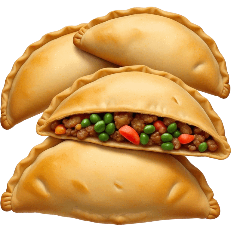 Cinematic Realistic Empanadas Dish Emoji, showcasing crispy fried turnovers filled with spiced meat and vegetables rendered with rich textures and dynamic, appetizing lighting. emoji