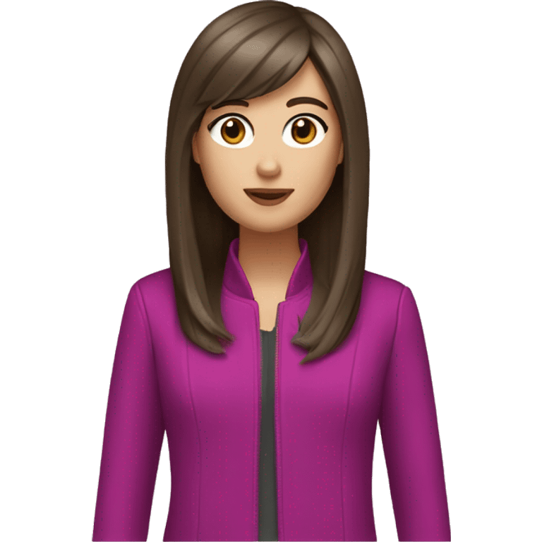 white girl with brown eyes, long straight dark brown hair, curtain bangs, and a magenta jacket emoji