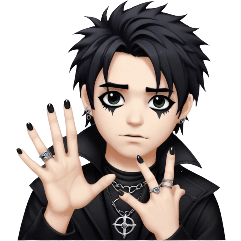 A gothic musician with jet-black messy hair, dark eyeliner, and silver rings on his fingers emoji