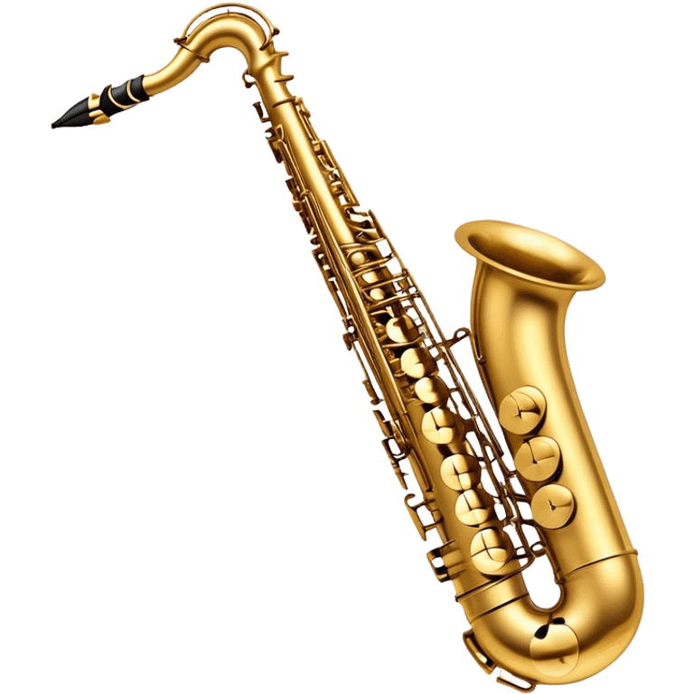 Create a sleek and sophisticated emoji representing the Selmer Super Action 80 Series II saxophone. The design should feature the smooth, golden brass body of the saxophone with its shiny keys and beautiful curves. Highlight the iconic bell of the saxophone and the fine details of the keywork, including the pads and springs. Include the mouthpiece at the top with a reed visible, capturing its essential role in sound production. Use rich gold and brass tones for the instrument with subtle light reflections to enhance its professional appearance. Add musical notes floating around the saxophone to evoke its smooth, jazzy sound. The background should be transparent. emoji