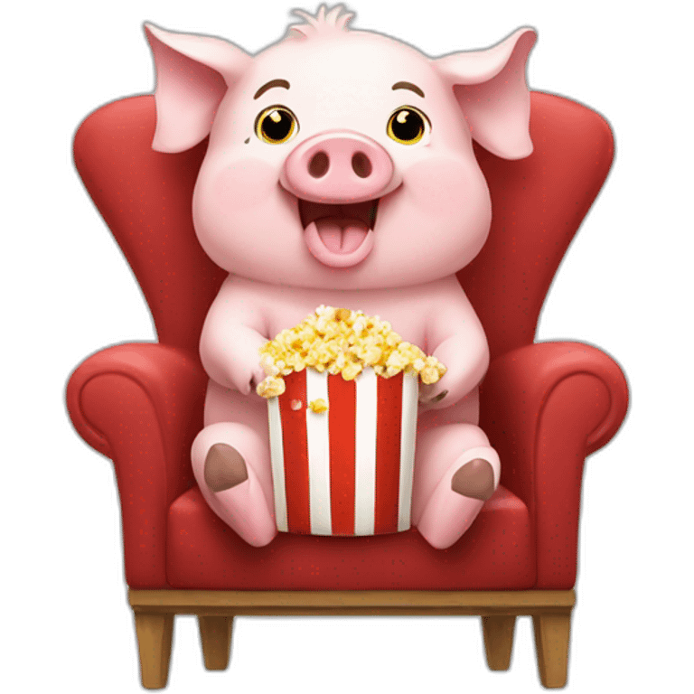 Happy pig sitting on a chair eating popcorn emoji