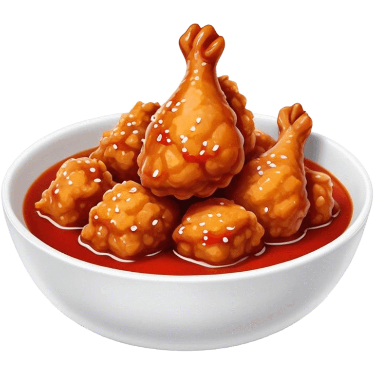 Korean Fried Chicken Cinematic Realistic Korean Fried Chicken Dish Emoji, depicted as bite-sized chicken chunks generously coated in a glossy, spicy sauce, in a bowl. emoji