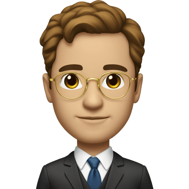 body height lawyer in suit with brown hair and brown eyes and round gold glasses emoji