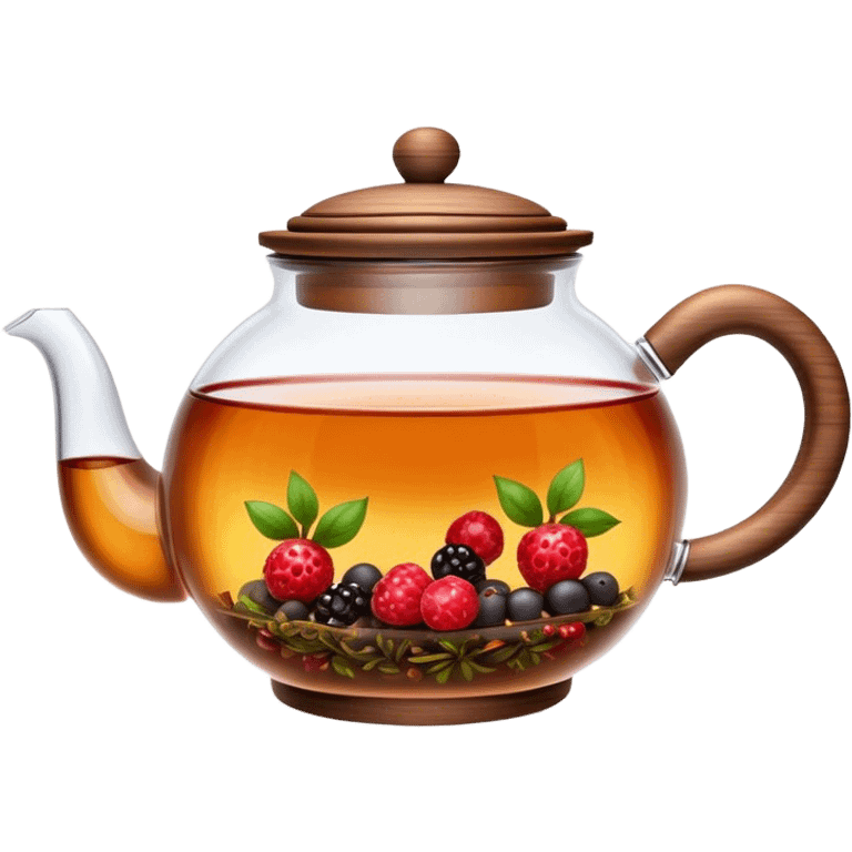 Cinematic realistic emoji depicting a transparent teapot with a realistic wooden lid filled with tea and berries floating in it, rich texture, without unnecessary decoration emoji