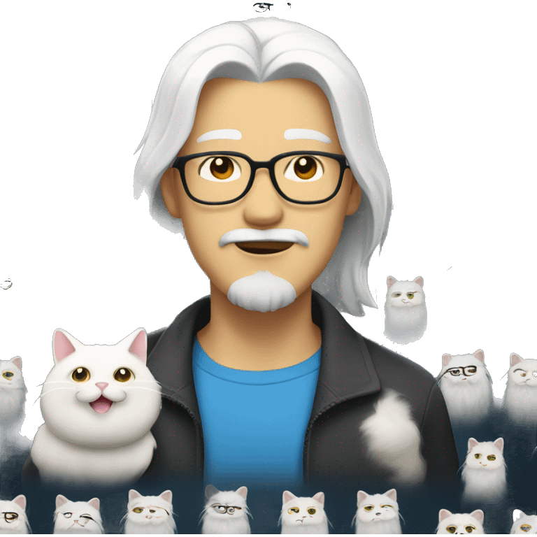 Handsome Asian man with round face, beard, glasses and a white long hair cat. The cat have one blue eye and one yellow eye emoji