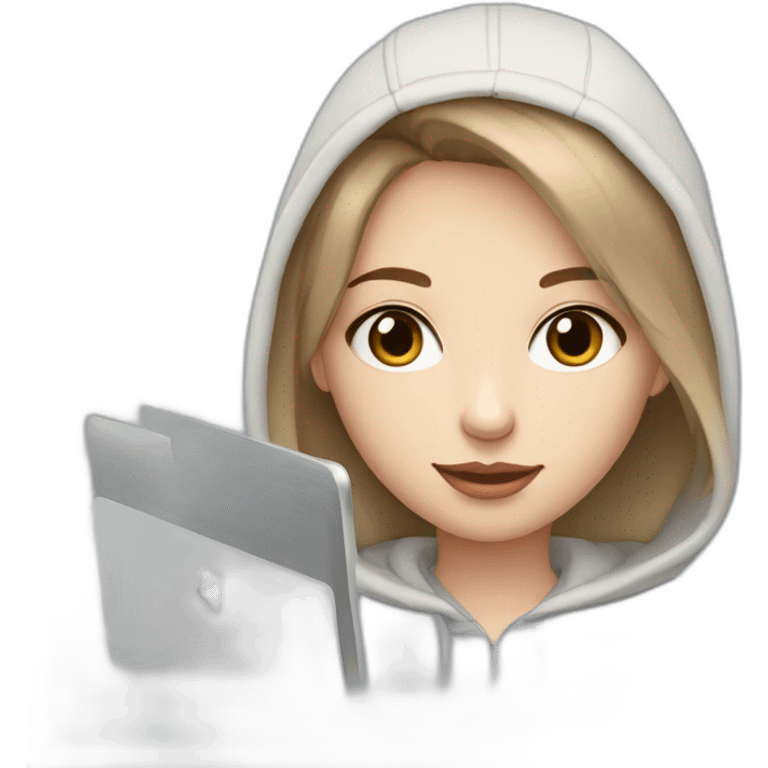 girl with computer,beautiful girl with short hair with computer,blue eyes,white skin, makeup, hoodie,short light-brown hair emoji