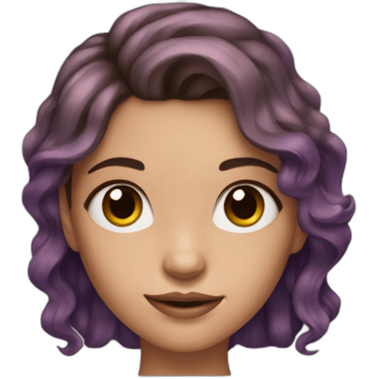 a girl with brown hair, freckles, fair skin, paper clip earrings, purple eyshadow emoji