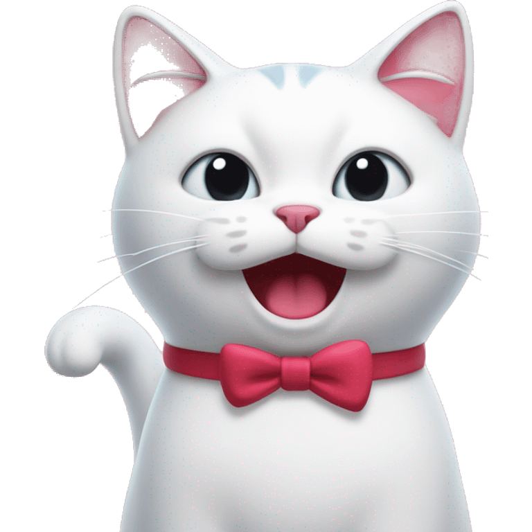 A white cartoon cat hello k with a red bow on its left ear, looking disgusted, a stream of pink liquid from its mouth emoji