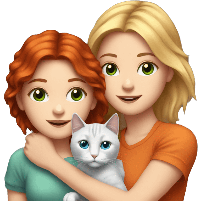 Realistic white girl dark red hair and blue green eyes hugs one orange and one gray cat  emoji