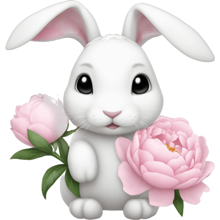 cute white bunny holding light pink peonies emoji