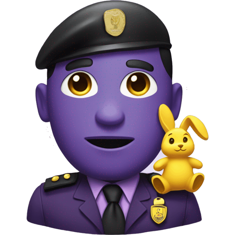 Purple man with black eyes and a smile  a purple security guard outfit with a dark tie and a yellow rabbit pin on his shirt emoji