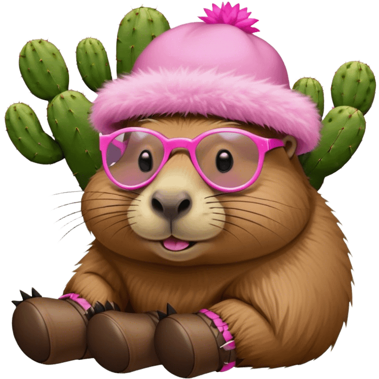 A capybara sleeping with a cactus hat on and pink goofy glasses wearing big UGGS for shoes emoji