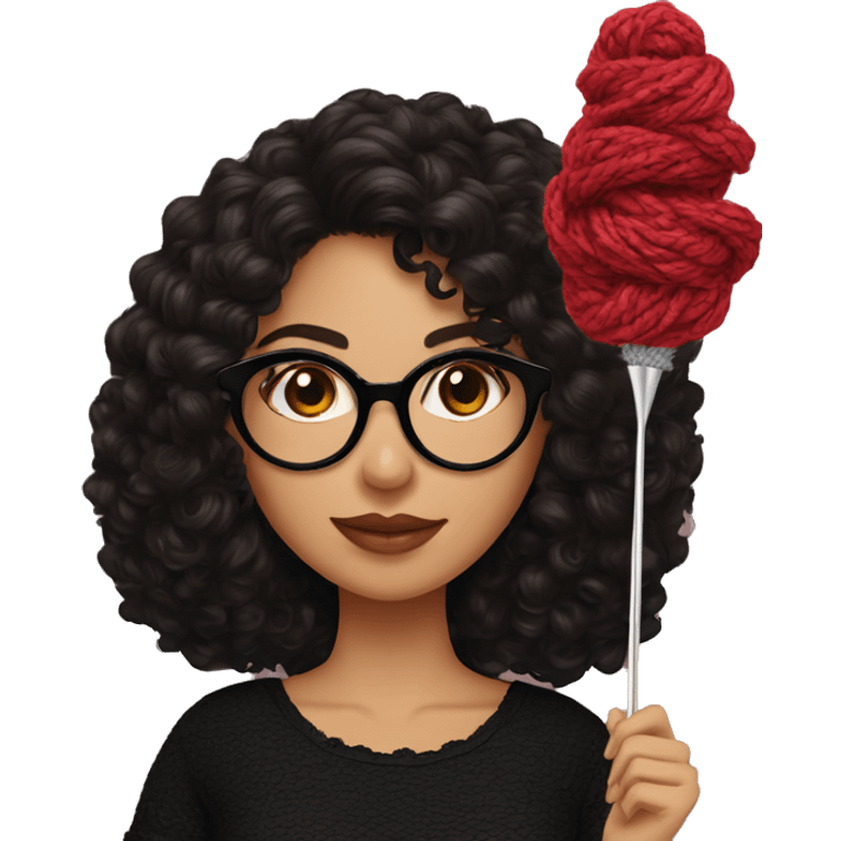 Hispanic woman with black glasses long dark brown curly hair holding small crochet needle and yarn wearing a black shirt with lace emoji