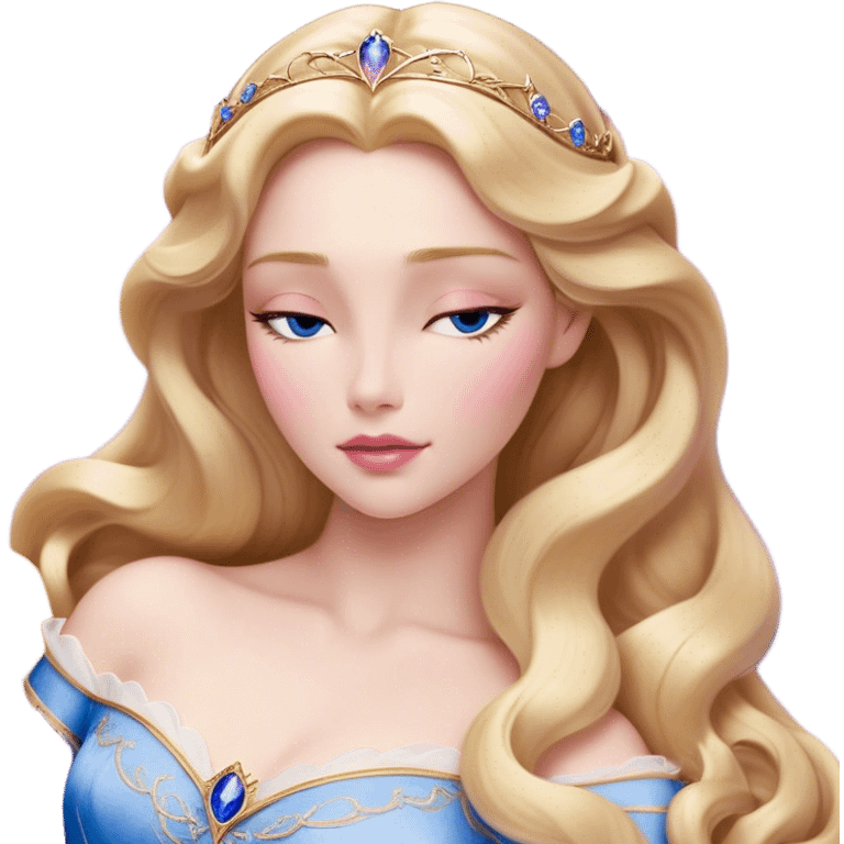 Cinematic Realistic Sleeping Beauty (Aurora) Portrait, with porcelain-like skin featuring a natural rosy flush, illuminated by soft lighting that highlights the gentle contours of her face. Her golden blonde hair flows in soft, detailed waves with subtle highlights that shimmer in the light. Her deep violet-blue eyes radiate warmth and innocence, framed by arched brows and long lashes. Her serene expression exudes quiet elegance. She is dressed in her classic pink gown, the fabric rich in texture with delicate folds that catch the light. A golden crown rests atop her head, gleaming with royal refinement. The portrait captures a soft, glowing aura, blending realism with an ethereal sense of beauty and timeless enchantment. emoji