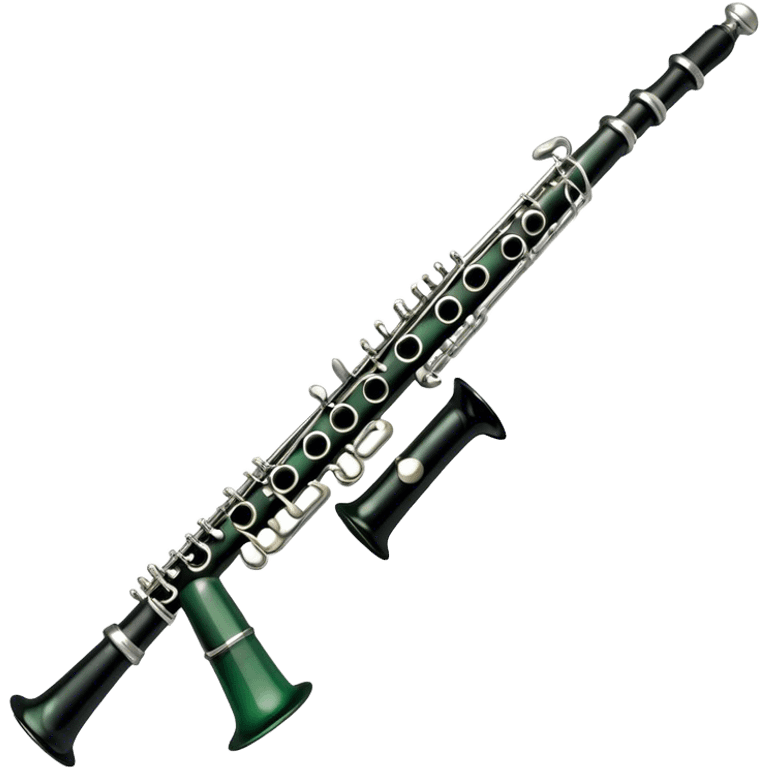 Create an elegant and refined emoji representing A clarinet. The design should showcase the sleek, black wood finish of the clarinet with its shiny metal keys and elegant detailing. Include the distinct, high-quality features, such as the unique greenish tint of the wood, giving it a modern and sophisticated look. Add subtle elements like the mouthpiece with the reed, emphasizing its importance in sound production. Use dark tones like ebony, silver for the keys, and soft light reflections to evoke a professional, classical feel. The background should be transparent. emoji