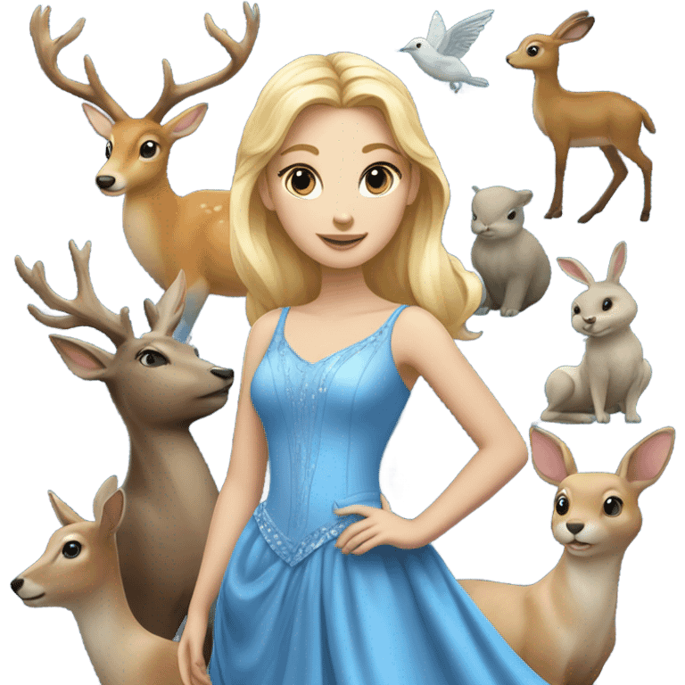 Blonde princess wearing blue gown surrounded by animals emoji