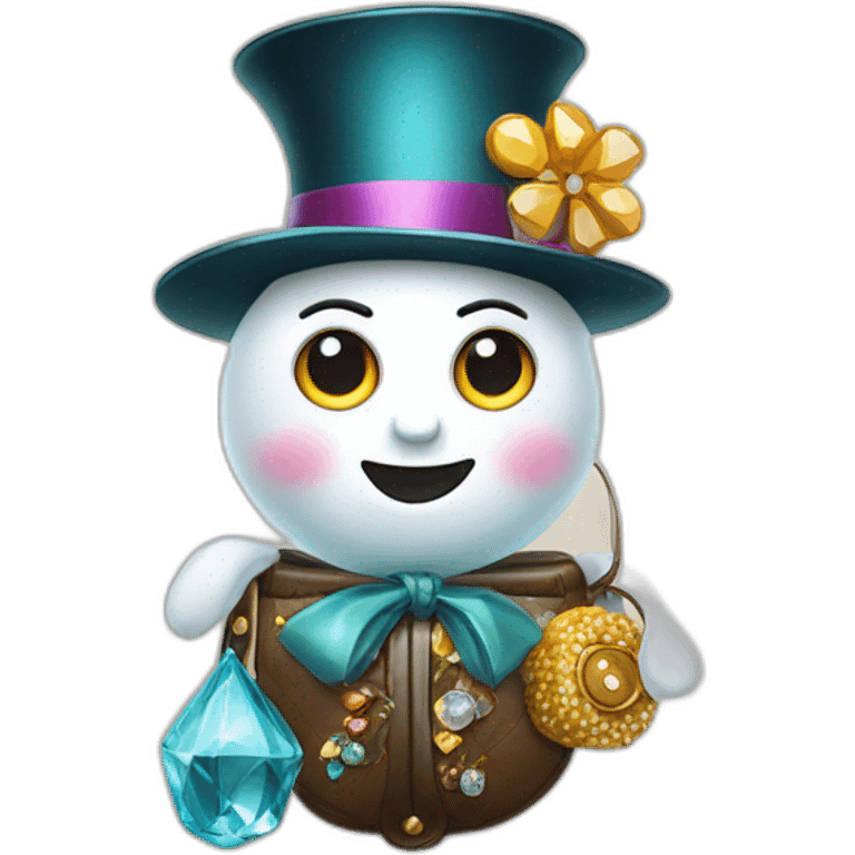 snow woman with designer top hat eyes and buttons are made of precious gems holding a purse in stick arms with a back pack on emoji