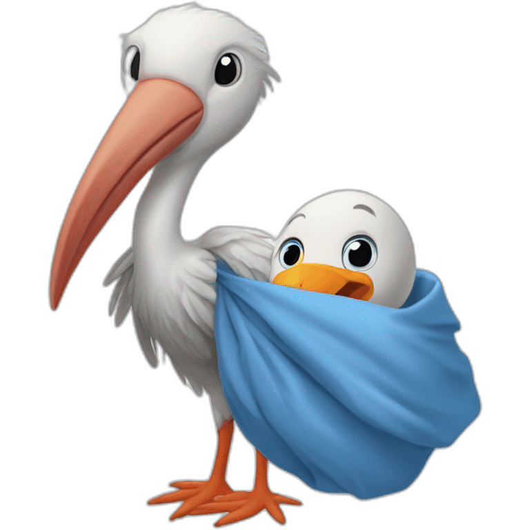 White stork carrying a blue bundle of cloth in its big beak that has a cute human person cute baby boy inside and his head is peeking from the fabric the strok is carrying in its beak emoji