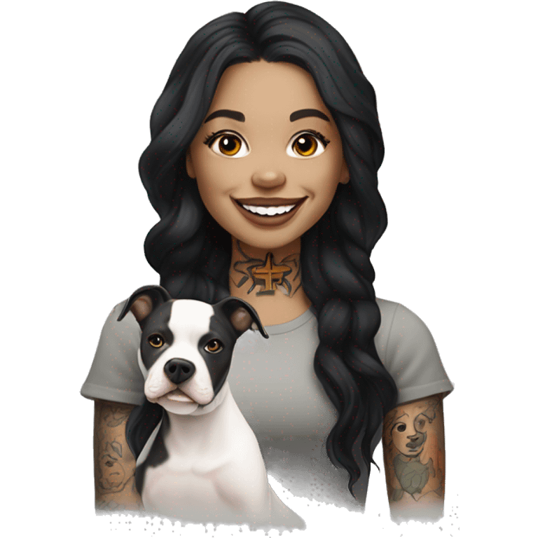 light skin woman with a face tattoo of a cross and long wavy black hair expressing joy alongide a white miniature pitbull  emoji