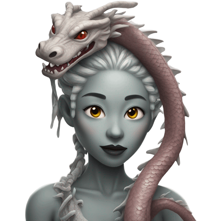 Photo realistic, alien female gray, kissing and embracing china dragon emoji