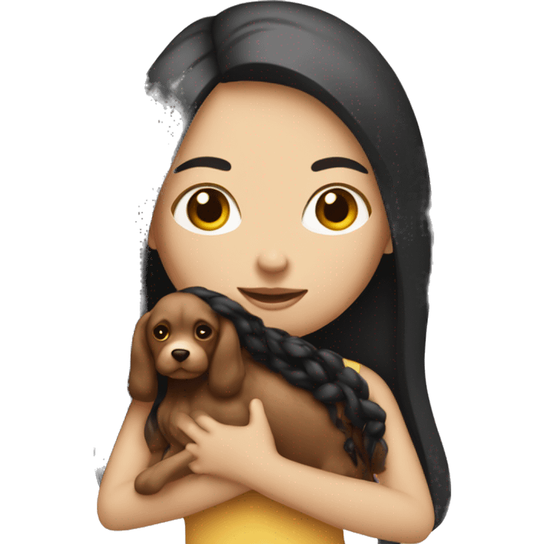 white girl with long dark hair holding a toy doodle  emoji