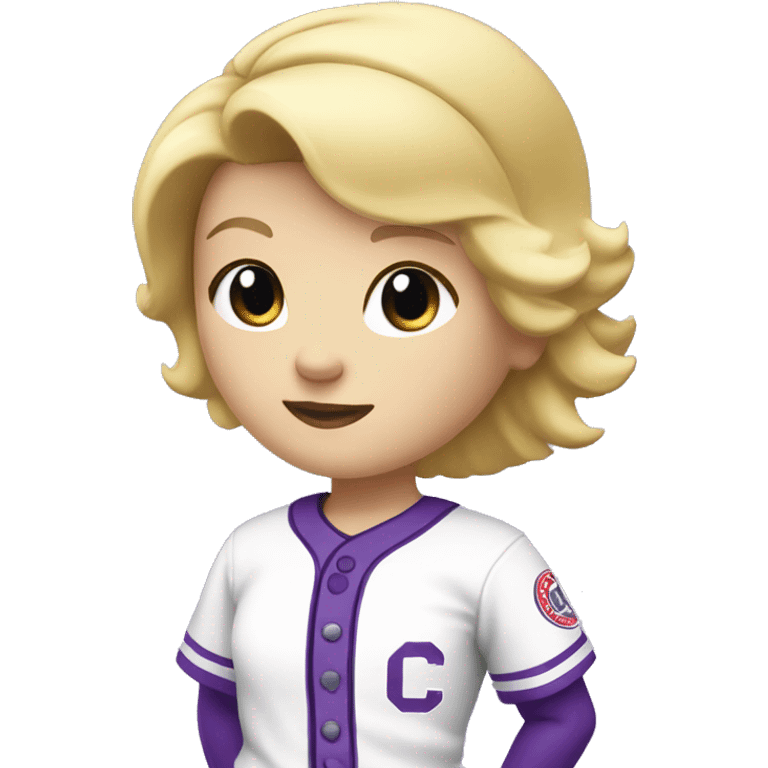 baseball card character. Blonde female short straight hair. letter C logo. Purple and white uniform. emoji