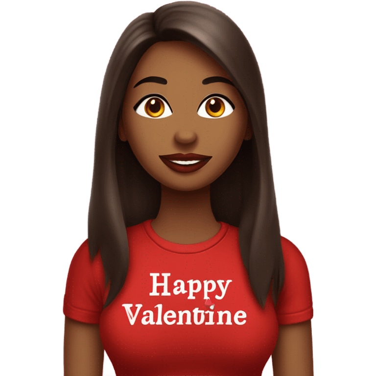 brown lady, dark brown long straight hair, red lips, eyelashes, wearing red “happy Valentine’s Day” t shirt emoji