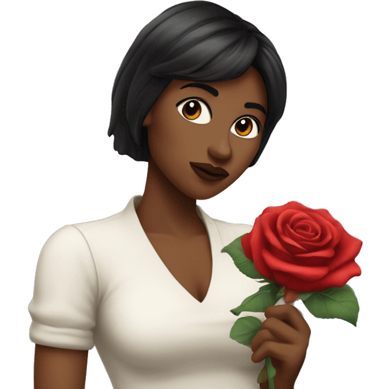 A white women named rose, with dark hair bangs and making a kissy face, while holding a rose in her hand emoji