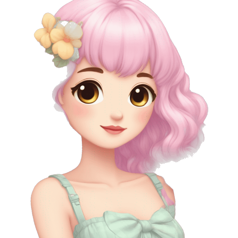 Cute kawaii gorgeous pretty anime cartoon pastel lady beautiful hair fairycore cottagecore detailed high quality trending aesthetic emoji