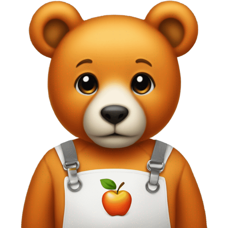 Small orange teddy bear wearing a bib with a picture of an apple on the bib  emoji