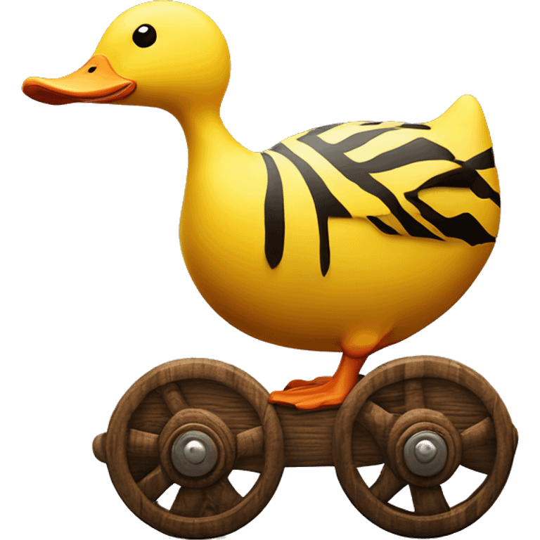 Yellow Duck with tiger stripes on wooden wheels like from the book janosh. Point of view from the side 90 degrees emoji