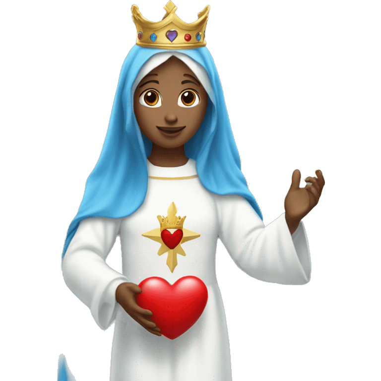 blessed virgin mary with a crown, with blue veil, with white clothes, with white skin, holding a red heart in her hands emoji