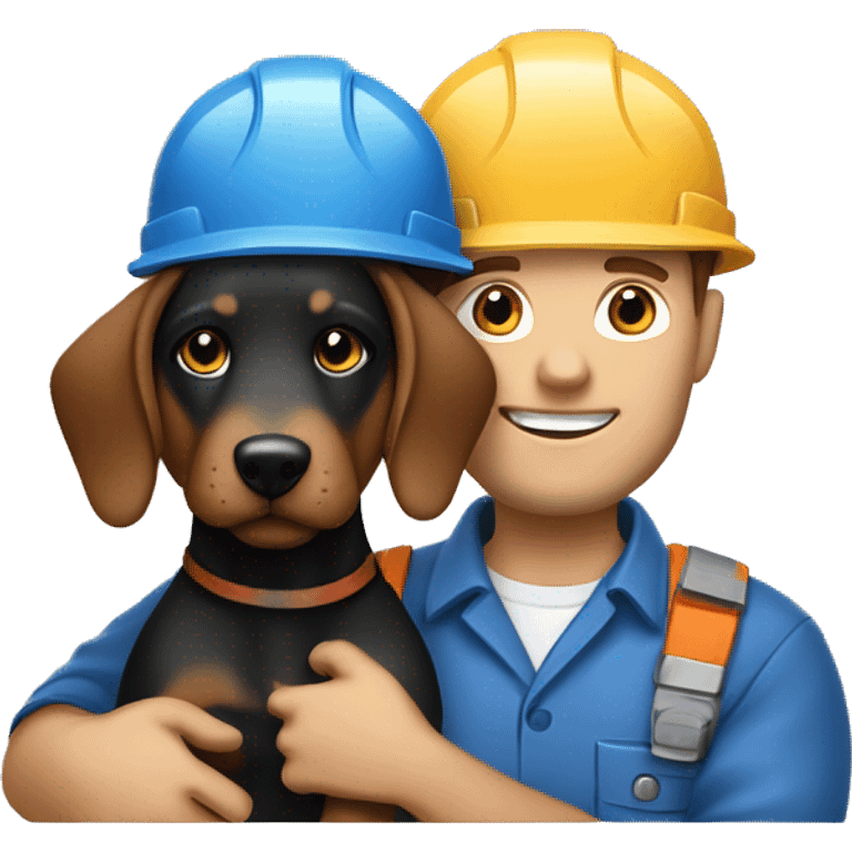 Bold white male construction worker wearing a hat and blue work wear Holding a little black and Brown dog on his arm emoji