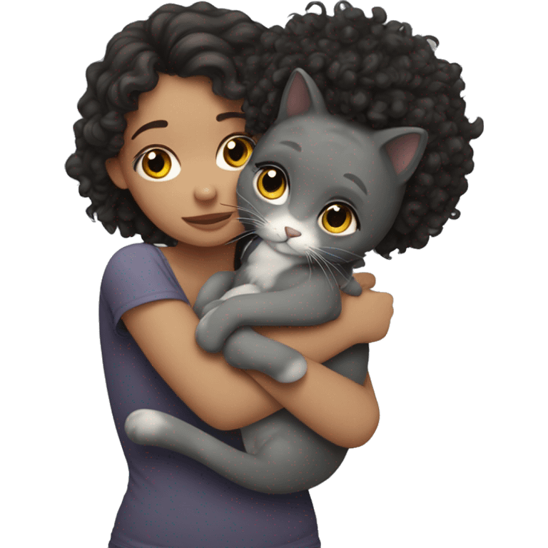 White Girl dark curly hair cuddling with grey cat emoji