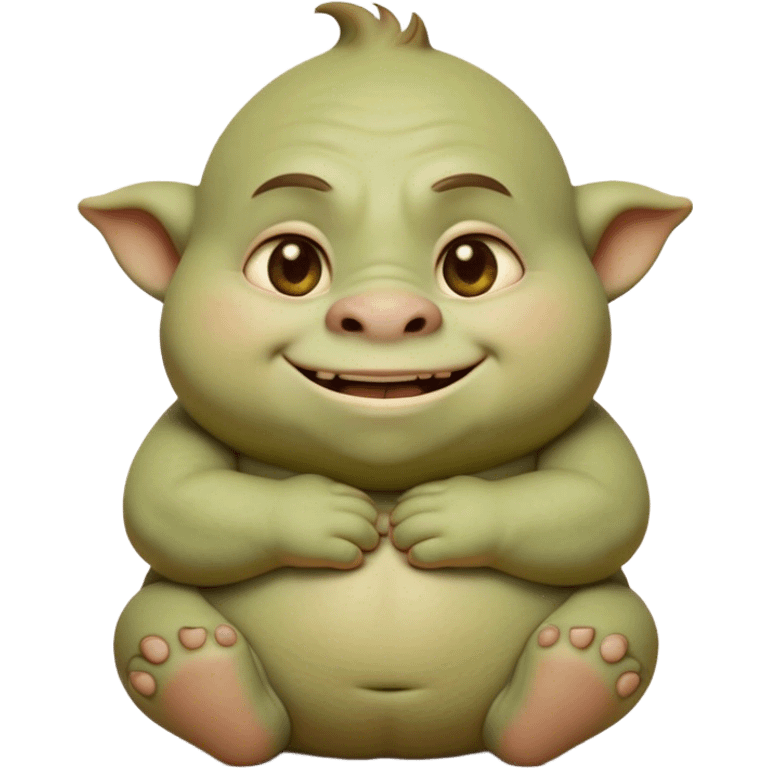 Cinematic Cute Ogre Portrait Emoji, with a surprisingly endearing, plump and huggable figure in soft earthy greens and browns, featuring big, kind eyes and a bashful smile, simplified yet irresistibly adorable, highly detailed with a soft glowing outline that captures the charm of a friendly giant who seems ready for a warm hug! emoji