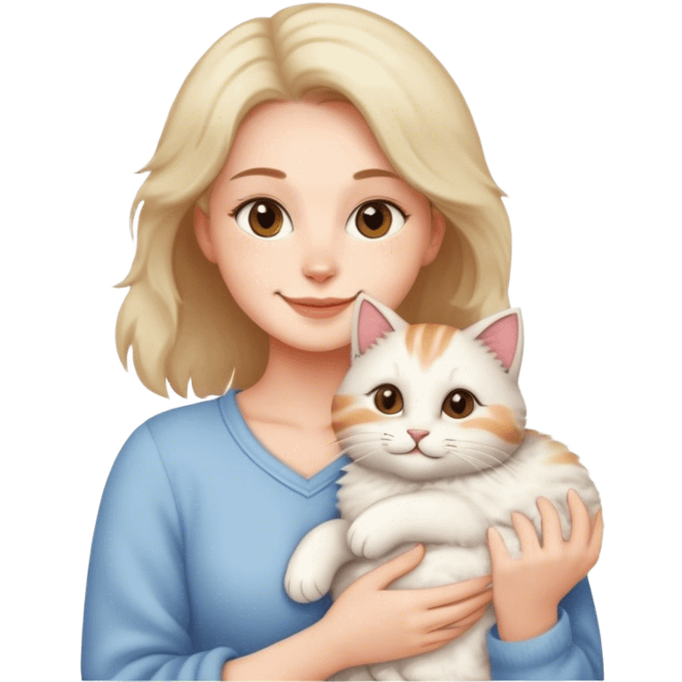 Woman holding a cat with a gentle smile emoji