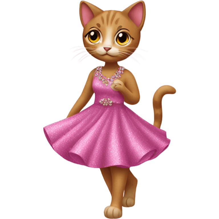 Cat walking wearing a pink glittery dress emoji