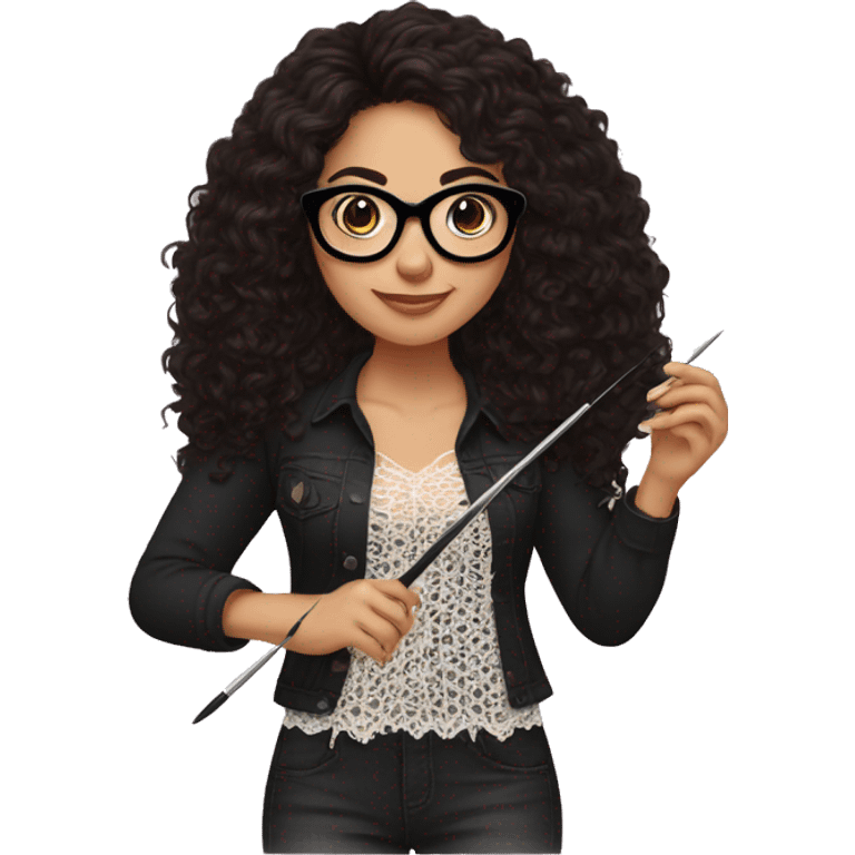 Hispanic woman with black glasses and long dark brown curly hair holding crochet needle and yarn wearing a black lace shirt emoji