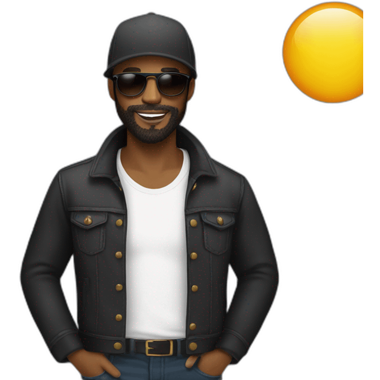 Black man with beard wearing circular sun glasses and wearing a black trucker har emoji