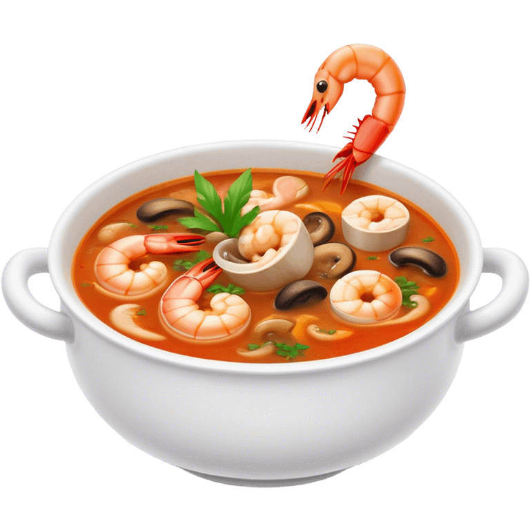 Cinematic Realistic Tom Yam Kung Soup Dish Emoji, showcasing a spicy, sour shrimp soup with herbs and mushrooms rendered with lifelike textures and bold, dynamic lighting. emoji