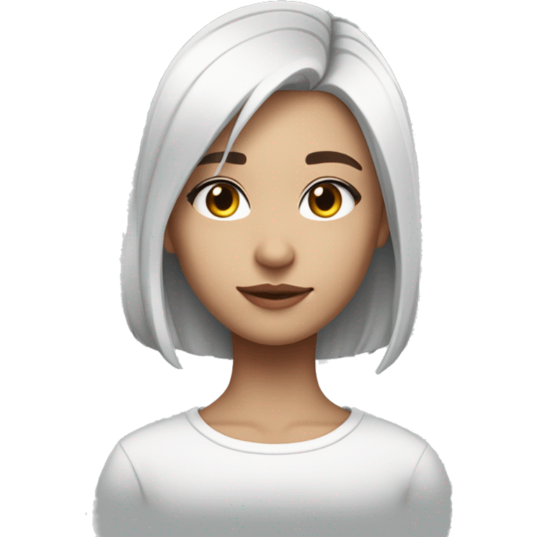 Girl of short straight hair with Tomboy style cut, pure white hair color with gray gradient at the ends of her hair, she has heterochromia emoji