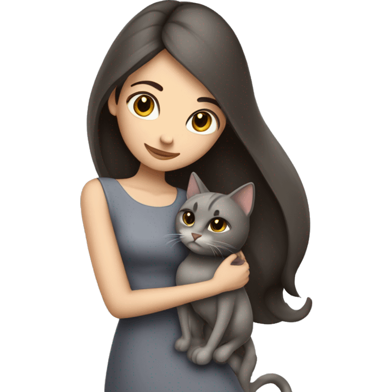 Beautiful skinny woman long dark brown hair in dress hug grey cat emoji